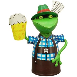 lustiger Zaunhocker Frosch als Oktoberfestfrosch im Trachtenoutfit und Bierkrug