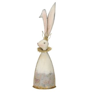 dekorative flache Silhouette als Osterhase aus Metall mit extralangen Ohren in weiß pastellfarbigem Kleid mit goldenem Kragen und Krone