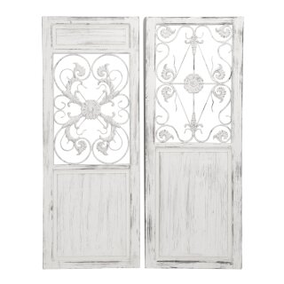 dekorative Wanddeko Wandobjekt aus Holz mit schnörkeligem Metallgitter shabby weiß im Landhausstil