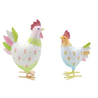 dekoratives frühlingshaftes buntes Figurenset Hahn Boris und Huhn Bea Metall bemalt